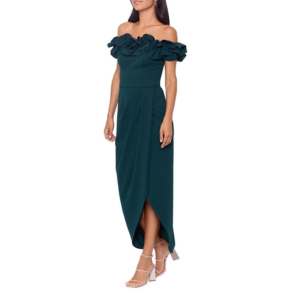 NWT Xscape Size 12 Green Ruffle Off Shoulder Asymmetric Dress